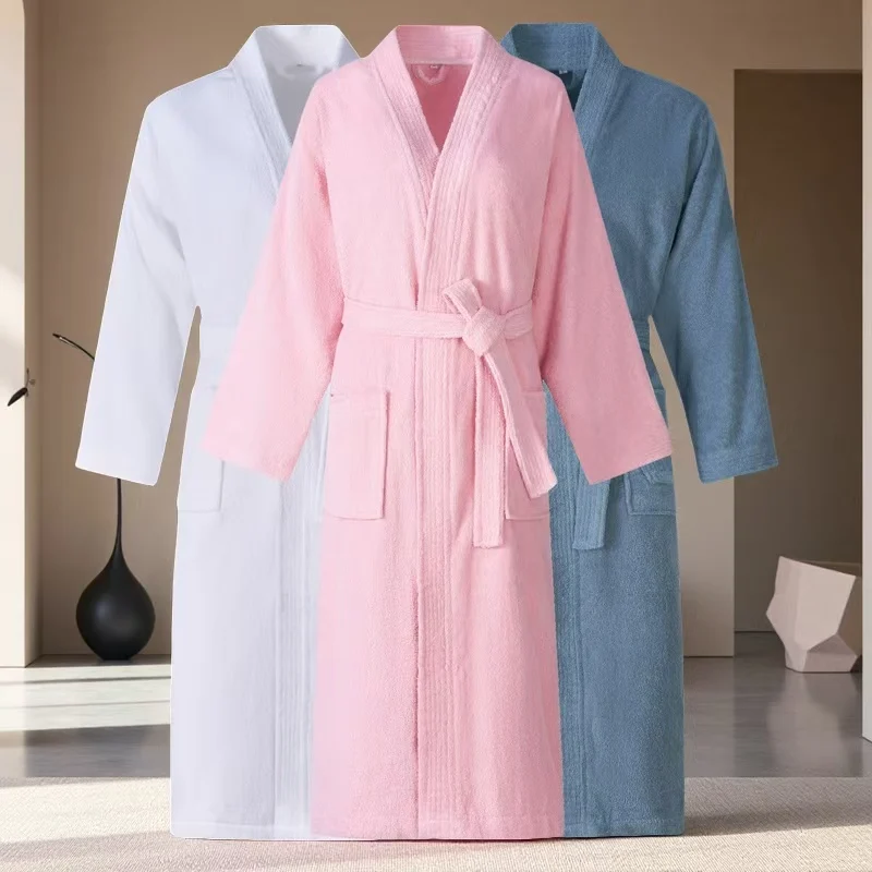 Towel Fleece Men's Robe Kimono 100% Cotton Long Thick Sleeve Homewear Autumn Winter Nightgown Solid Color Mens Bathrobes White