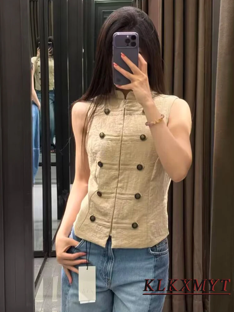 Women's Vest Fashion Vintage Double Breasted Decoration O-Neck Sleeveless Zipper Top Spring Summer Chic New