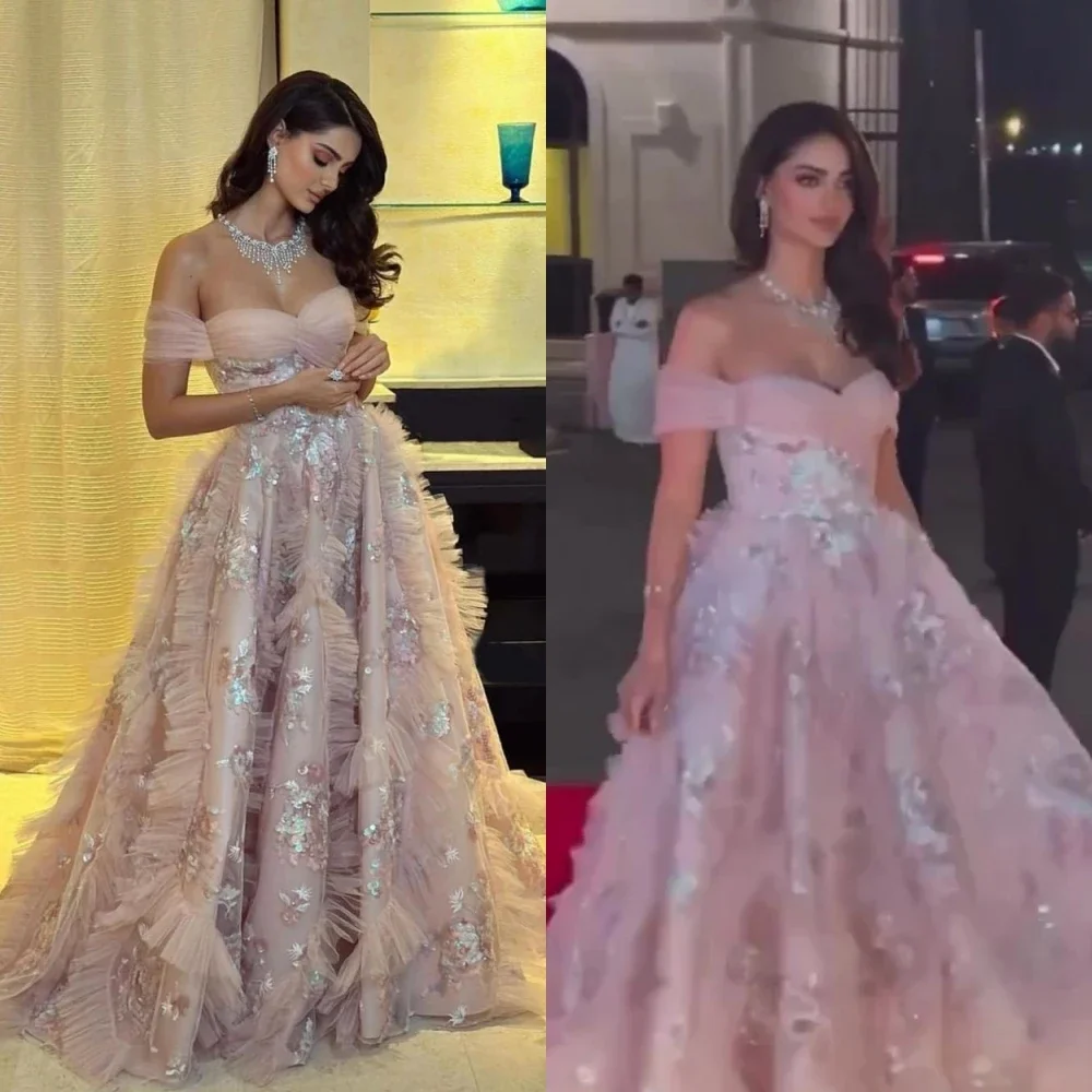 Customized Exquisite Off-the-shoulder Ball Gown Sweep/Brush Prom Dresses Sequin Tulle Draped Net/Tulle Formal Occasion فساتين نس