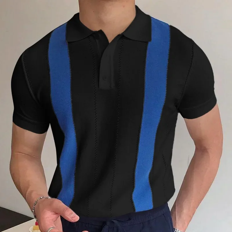 LIBIELIY Europe And The United States New Men's Summer Stretch Short-sleeved Sweater White Stripes Slim Business Top Business PO