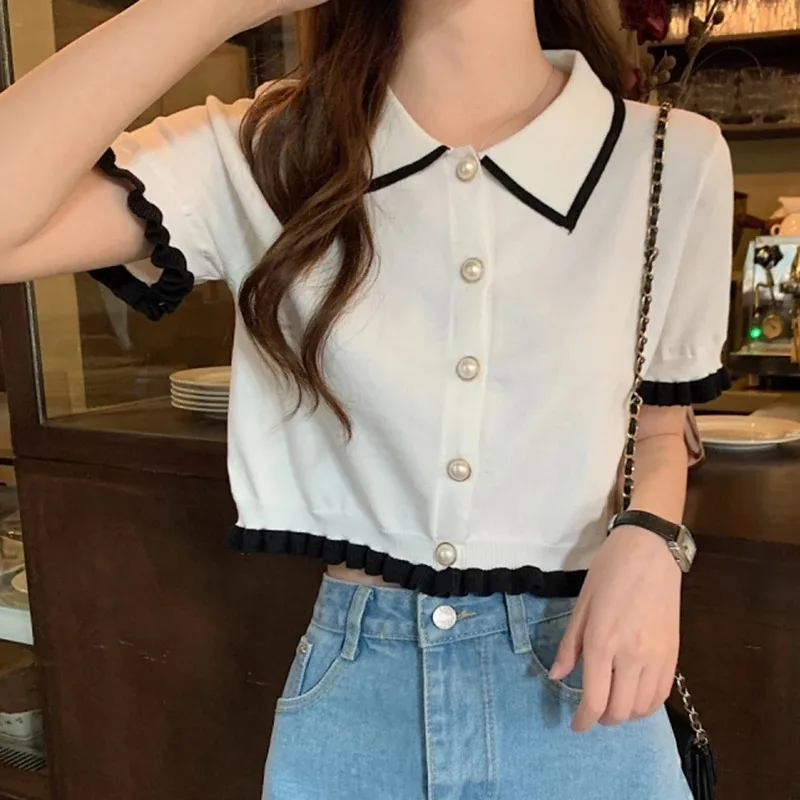 Women Shirt Knitted Short Sleeve Cute Frilled Pearl Button Collared Blouse Shirt Female Summer Crop Tops French Chic Outfit - view 2