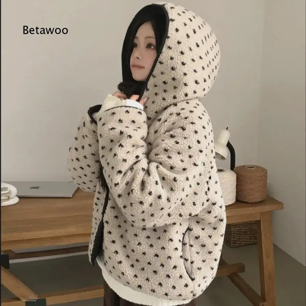 Autumn Winter Ladies Hooded Fleece Coat Small Heart Pattern Button Closure Long Sleeve Relaxed Warm Casual Outer Garment
