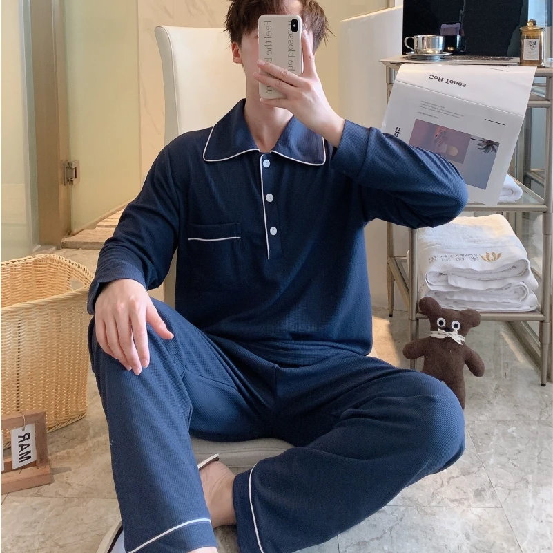 

New double length knitted cotton men's pajamas in spring and autumn of 2024, simple Korean collar, solid color, 2-piece househol