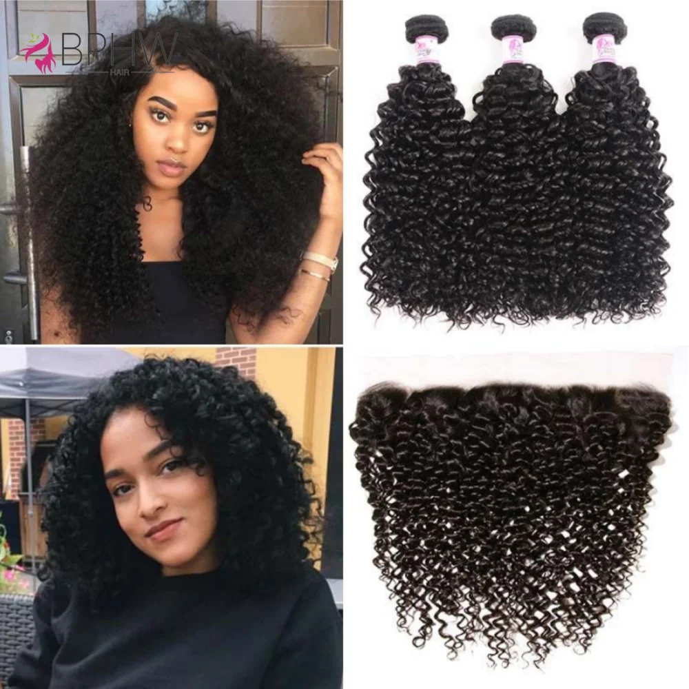 

Kinky Curly Brazilian Hair Weave 3 Bundles With 13x4 Lace Frontal Hair Extensions For Black Women Natural Color Lace Virgin Hair
