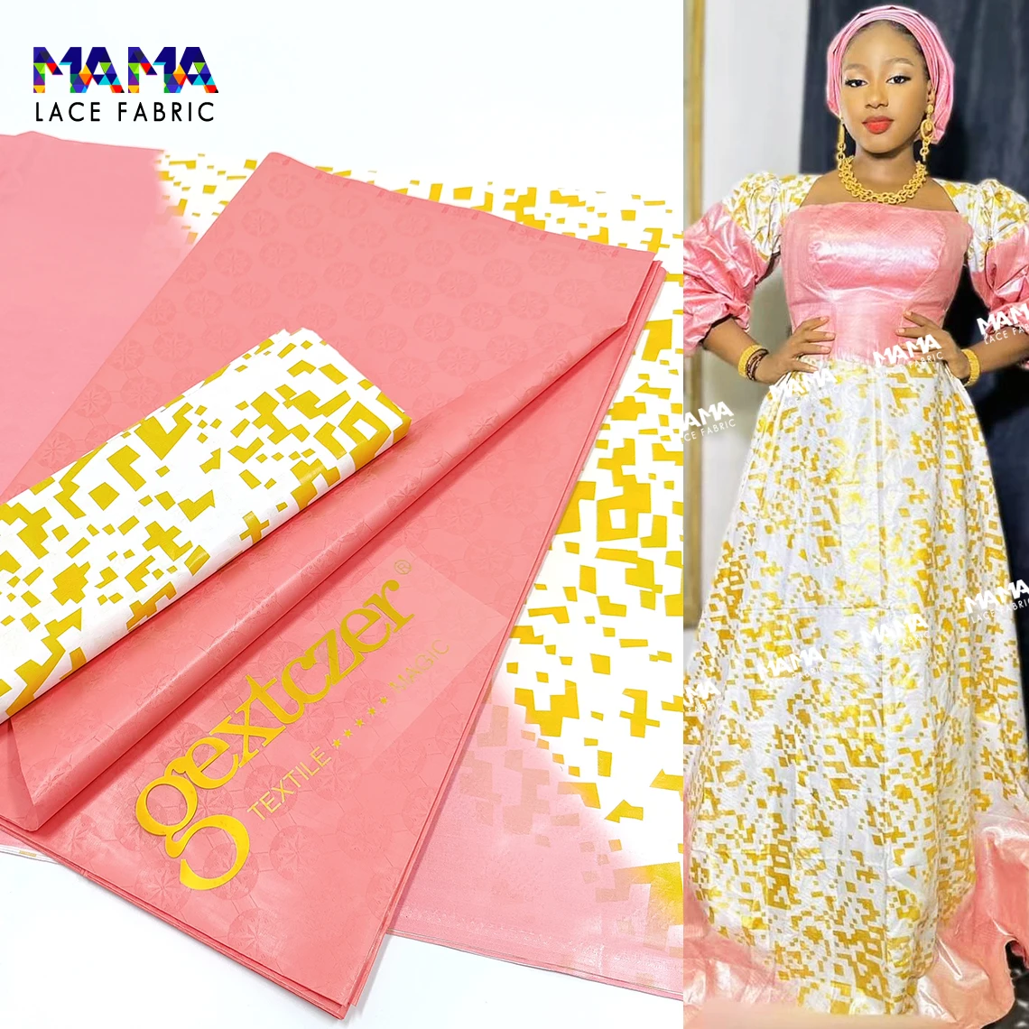 

2026 Peach 2.5+2.5 Yards Bazin Riche Jacquard Fabric With Plain Basin For African Traditional Wedding Dress Laces Material