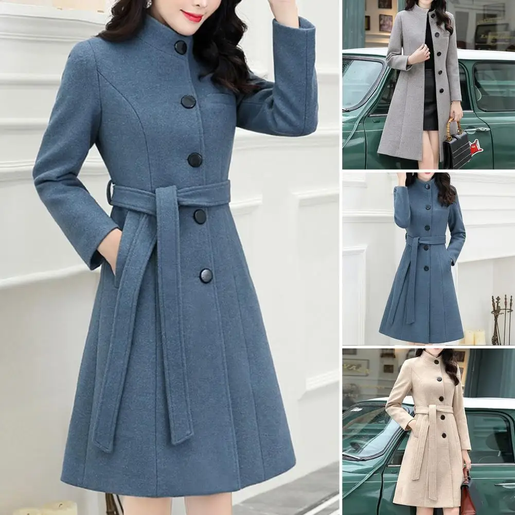 Trendy Vrouwen Overjas Lange Mouw Super Zachte Vrouwen Wollen Jas Slim Fit Riem Trenchcoat