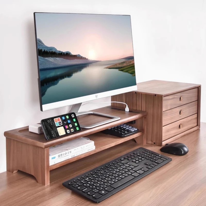 

‌ Подставка для монитора из цельного дерева, настольный органайзер с USB-портами, эргономичная подставка для экрана, многофункциональная полка для хранения для установки ПК