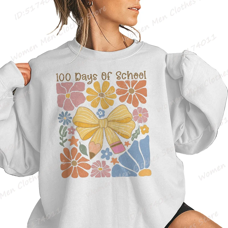 Flower Pencil Bow 100 Days Of School Print Sweatshirts, Back To School Shirt, Teacher Sweatshirt, Women Oversized Sweatshirts