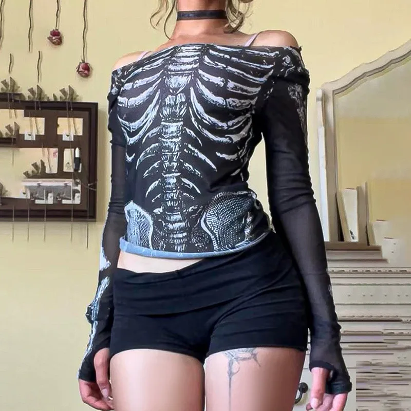 

Autumn Korean Fashion Y2k Punk Style Women's Tees Subculture Gothic Dark Skull Design Slimming Pullover Chic Woman Clothes 2025