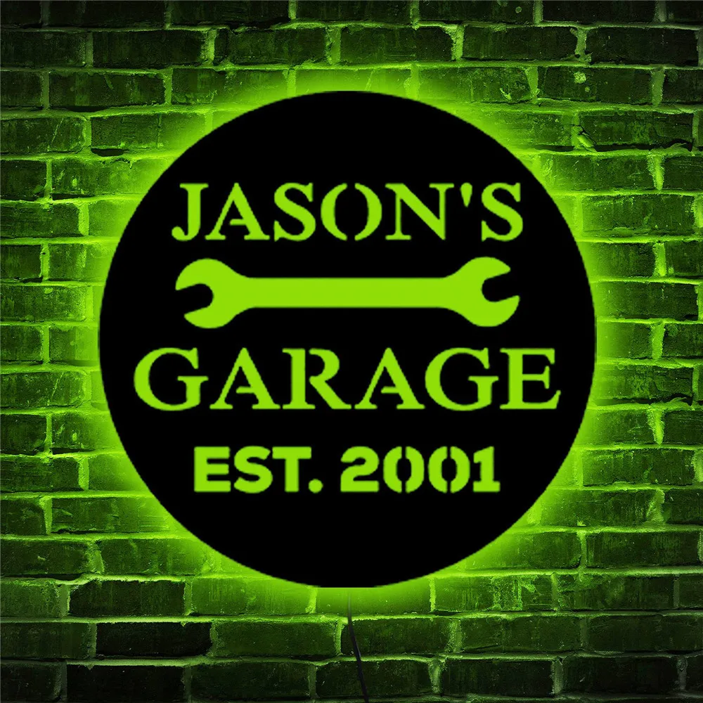 

Personalized LED Garage Neon Sign Wood Wall Lamp Custom Your Name Est Year Theme Man Cave Light Wall Decor for Father's Day Gift