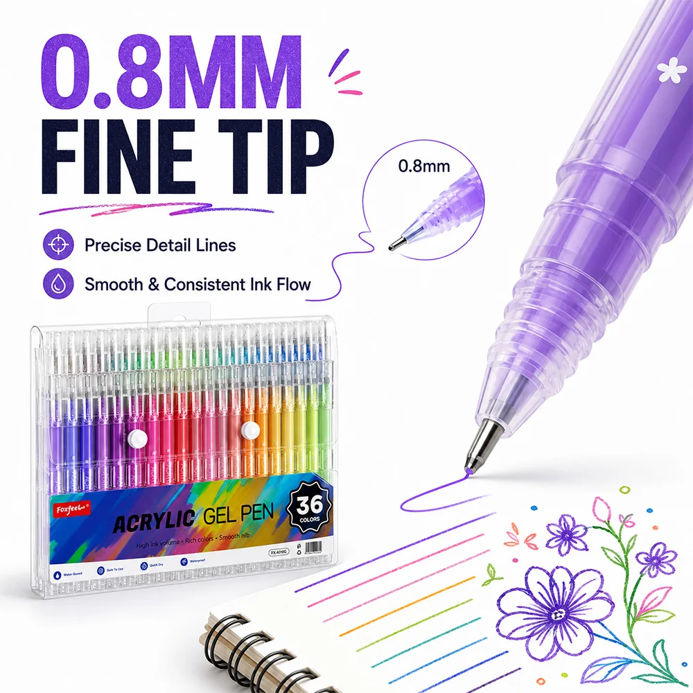 12/36 Colors Acrylic Gel Pens 0.8mm Tip Outline Markers Quick Dry Waterproof Smooth Ink Drawing Coloring Journaling Art Supplies