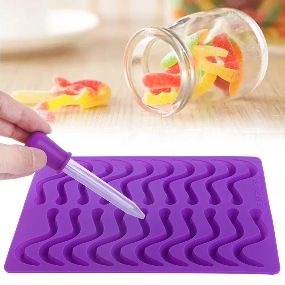 Creative 20 Compartments Silicone Gummy Worm Mold With Dropper Chocolate Candy Mold Cake Decorating Mold Chocolate Making