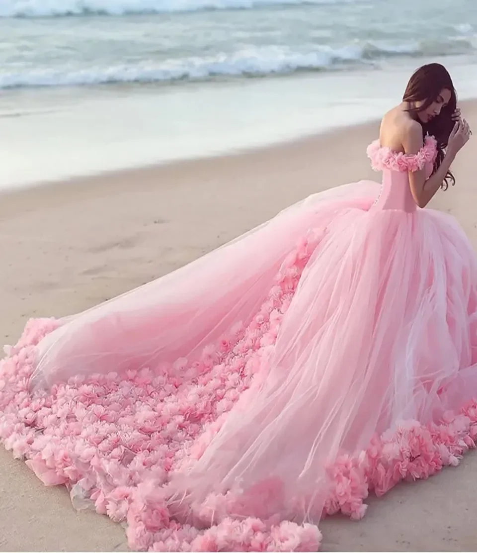 Customized Pink Wedding Dresses A Line Ball Gown Off-Shoulder Sleeveless Bridesmaid Dress Hand Made Flowers Tulle Lace Up Pleat
