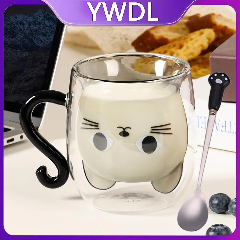 

1/2pcs Cartoon Cat Double Wall Glass Cup With Spoon Heat-resistant Coffee Milk Handle Mug Cute Espresso Cup For Latte Cappuccino