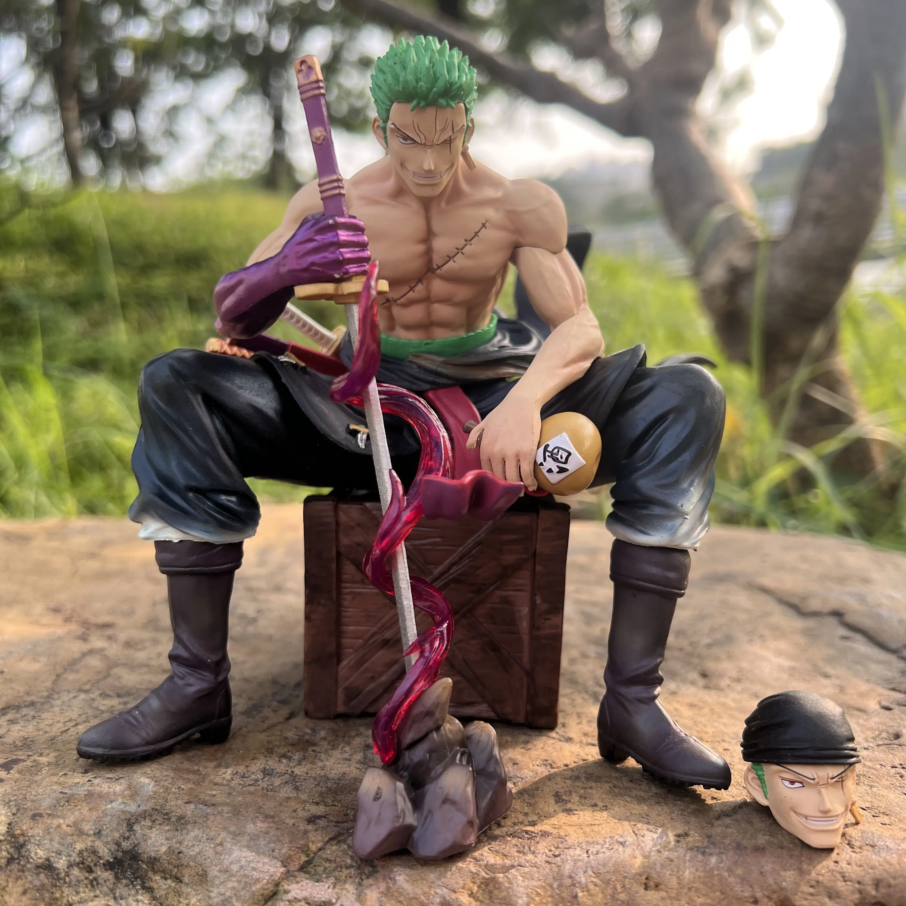 15cm One Piece Anime Figures Roronoa Zoro Double Head Interchangeable Figurine  Sitting Posture Pvc Collectible Model Toy Gifts