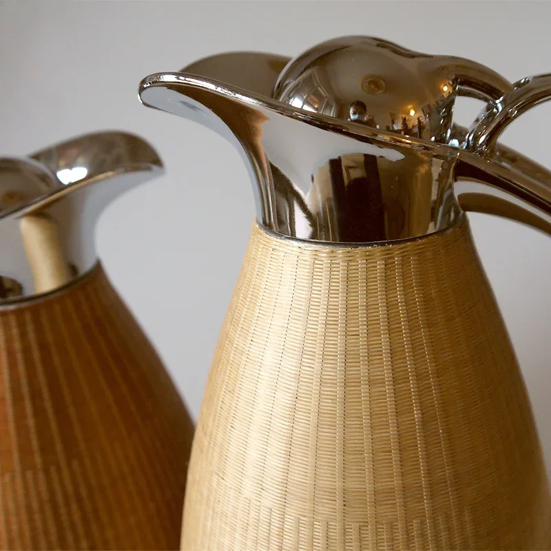 Stainless Steel Thermos Flat Bottom Water Bottle Tea Set Household Handmade Bamboo Weaving  Large Capacity Thermal Kettle