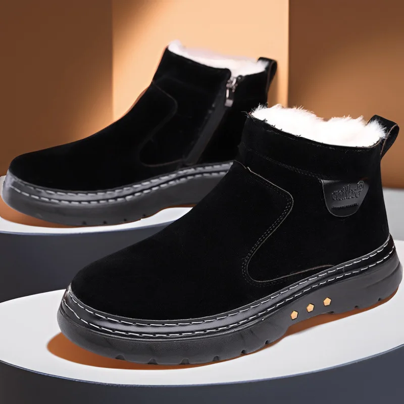 

Winter Wool One-piece Men's Chelsea Boots Anti Slip and Warm Hand Sewn with Fleece for Men's Snow Boots