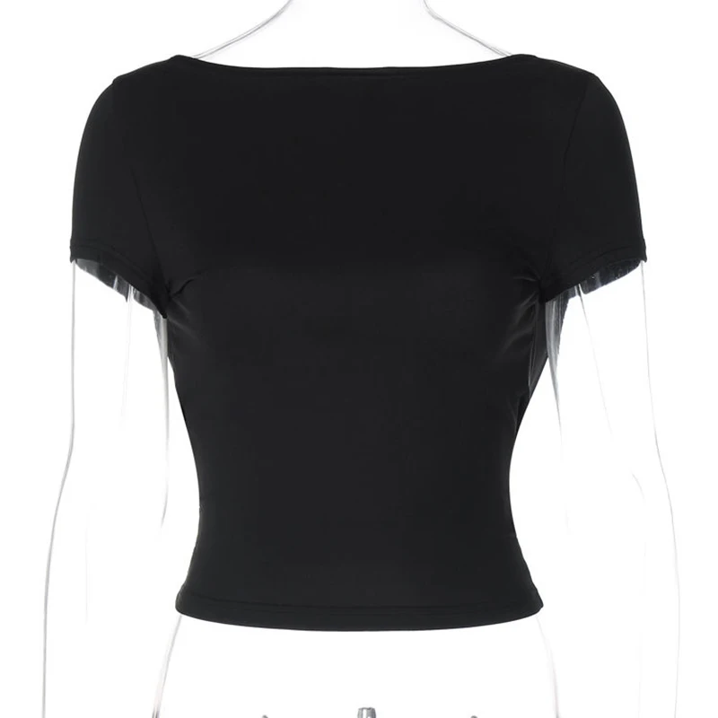 Top corto elegante senza schienale sexy Harajuku Y2K T-shirt nera a maniche corte T-shirt stile minimalista classico streetwear americano