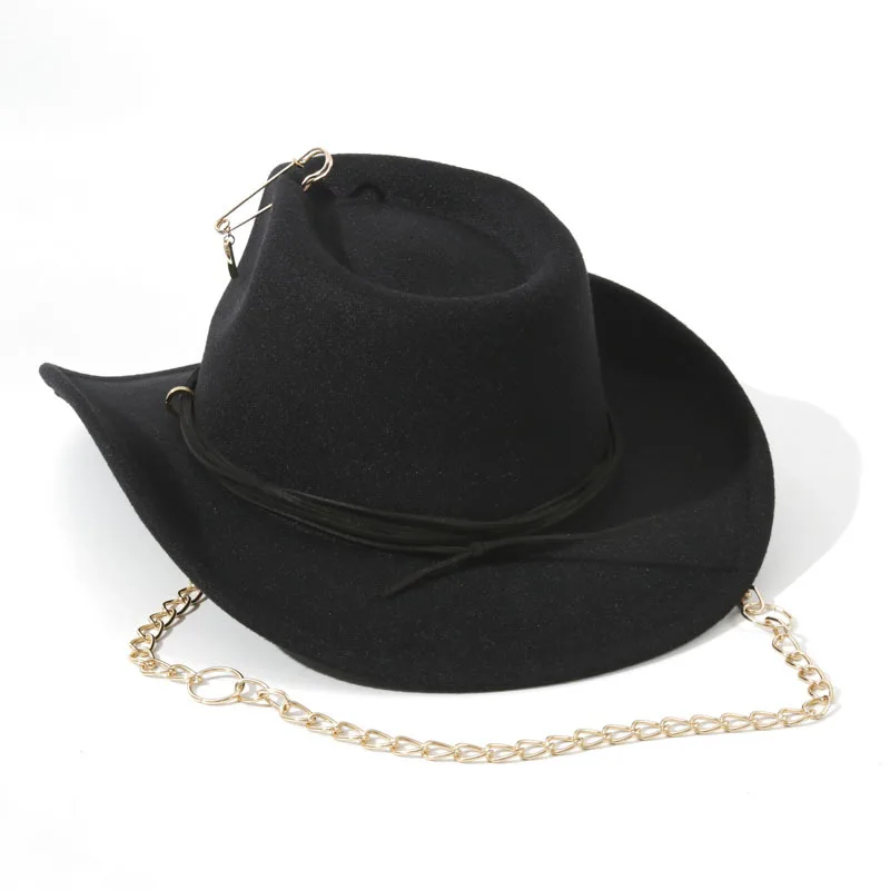 RUS Design Cowboy Hat Unisex Western Retro Fedora Hat Chain Decorative  Autumn And Winter Warm Panama Hats