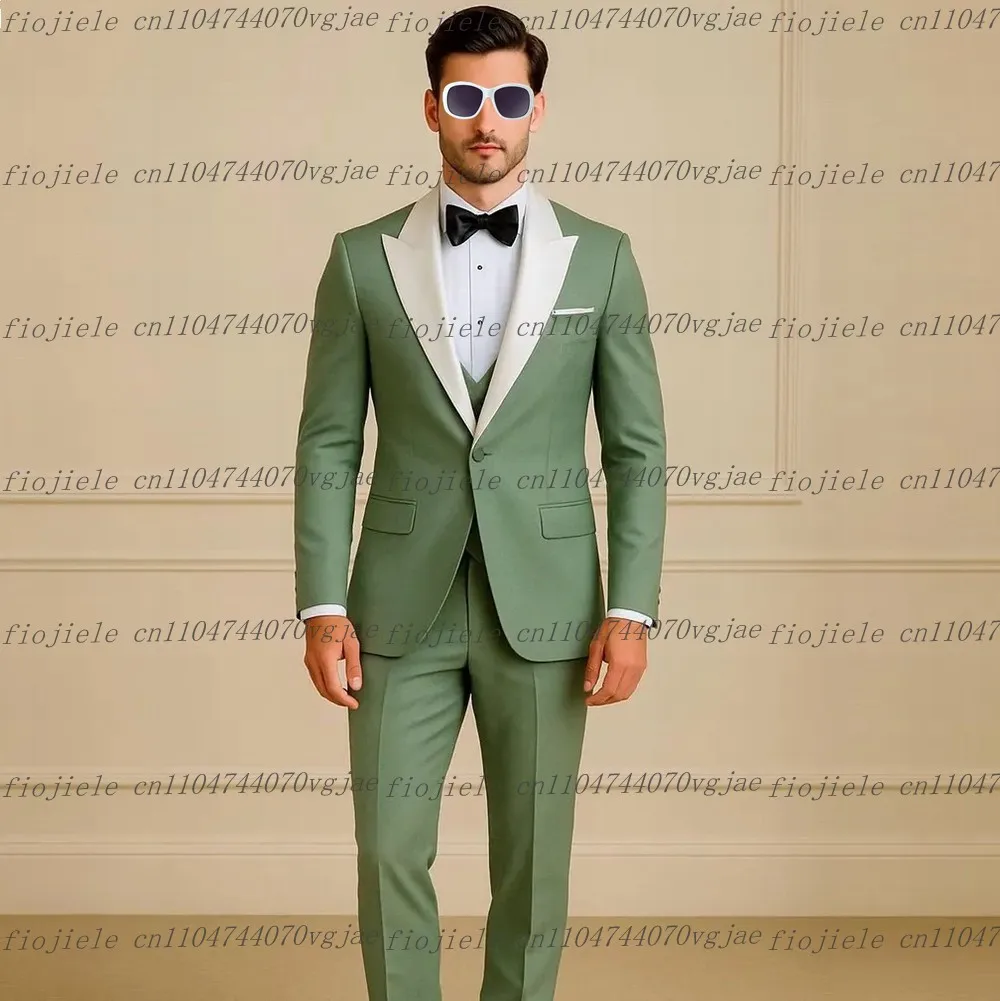 White Collar Mint Green Men Suit Formal Wedding Party Groom Business Male Tuxedos Customized 3 Piece Set Jacket Vest Pants