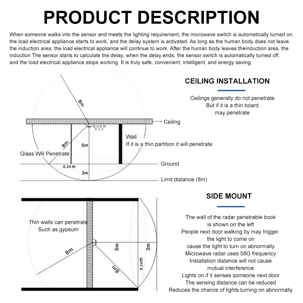 Diymore 5,8G módulo de interruptor de Sensor de Radar de microondas DIP AC220-240V módulo de Sensor de Radar DIP Detector de movimiento