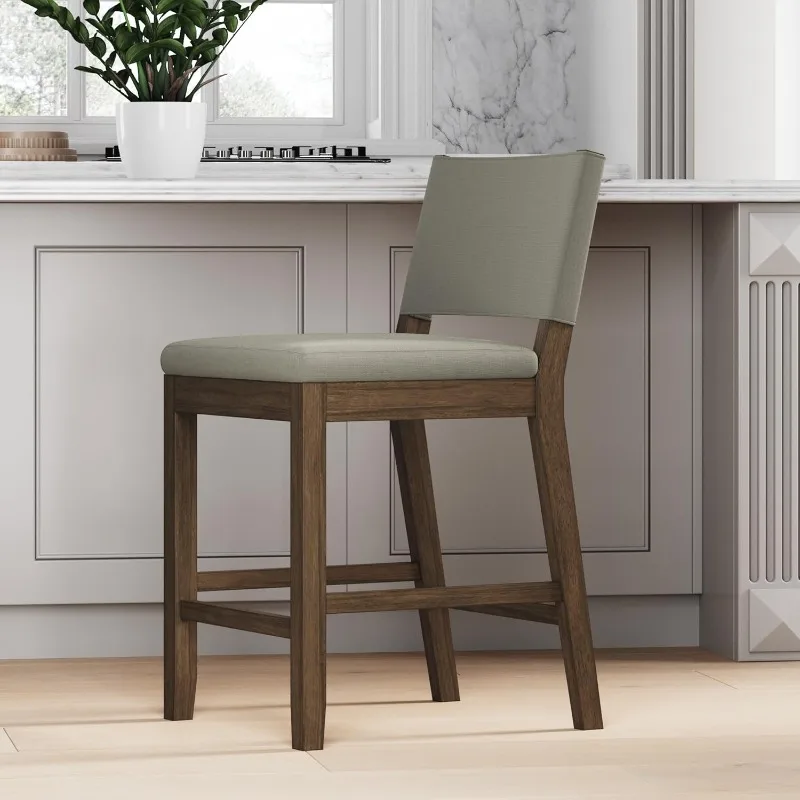 

Linus Modern Upholstered Counter Height Bar Stool with Back and Solid Rubberwood Legs in a Dark Brown Wood