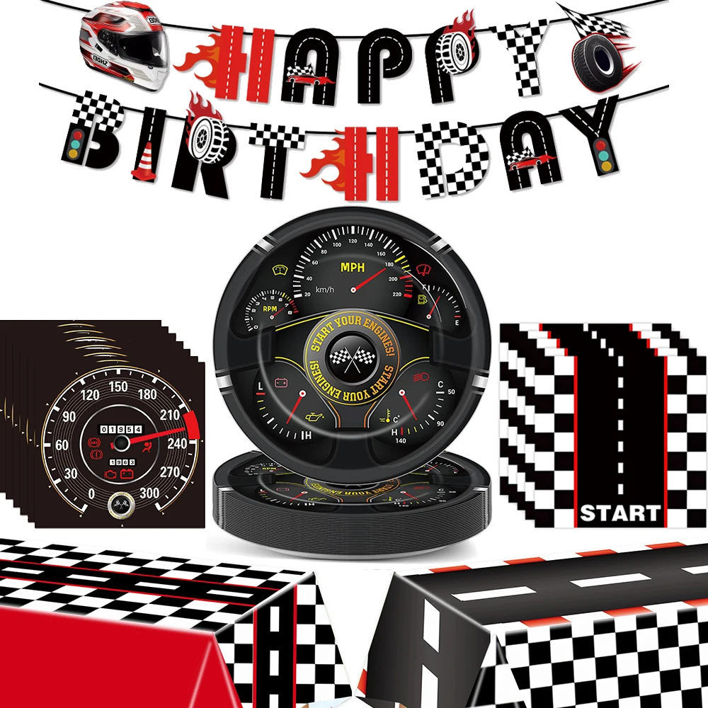 Race Car Party Decoration Tableware Paper Plates Napkins Cups Banner For Start Your Engines Racing Birthday Party Decor Supplies
