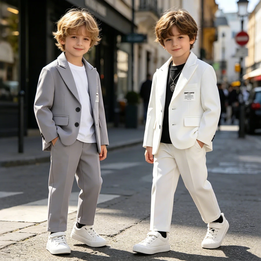 Spring Boys Solid Suit Single Breasted Blazer Straight Trousers Kids Wedding Birthday Daily Gentleman Flower Boy Casual Costume