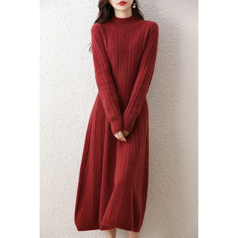 Elegant Fashion Dresses Cashmere Sweater Knitted Long Dress 100% Merino Wool Women Turtleneck Office Skirt Autumn Winter Clothes