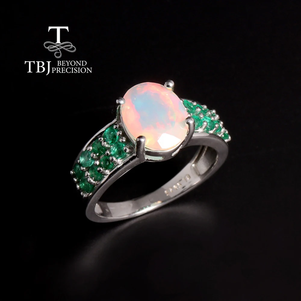 

Luxury Real natural Opal Emerald Ring 925 sterling Silver women's Engagement & Banquet & Anniversary gift