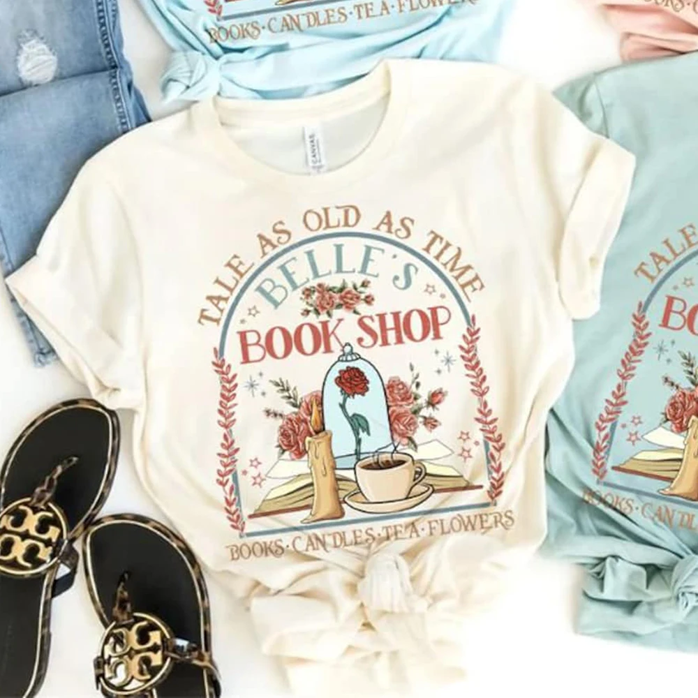 Vintage Retro Belle's Book shop Shirt Tale as old as time Beauty and The Beast Magic Tee Casual Y2K Top Daily Trendy Streetwear image 2