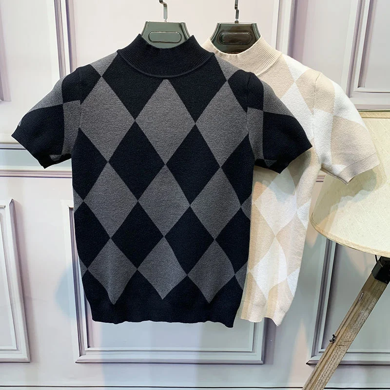 2022 Spring Short Sleeve Half Turtleneck Knitting T-Shirt Men Slim Diamond Plaid Knitted Bottoming Shirt Social Club Outfits