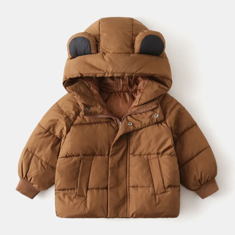 Boys Girls Cotton Padded Warm Down Jacket Kids Casual Cute Bear Ear Hooded Zipper Solid Coat Children's Winter Thick Outerwear