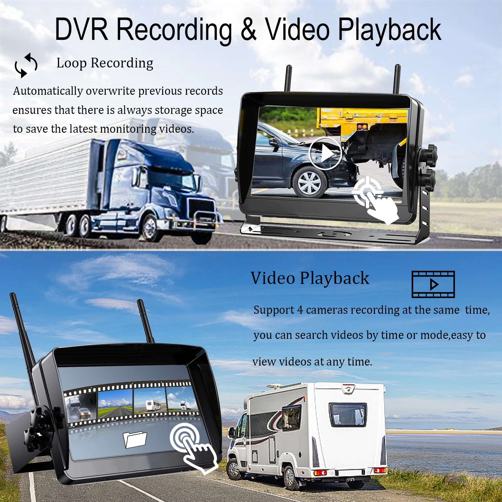 Touch Screen Digital Wireless 7'' DVR Monitor Split Screen Backup Reversing Cameras Kit 12-36v for Camper/Truck/Hitch/Trailer/Rv