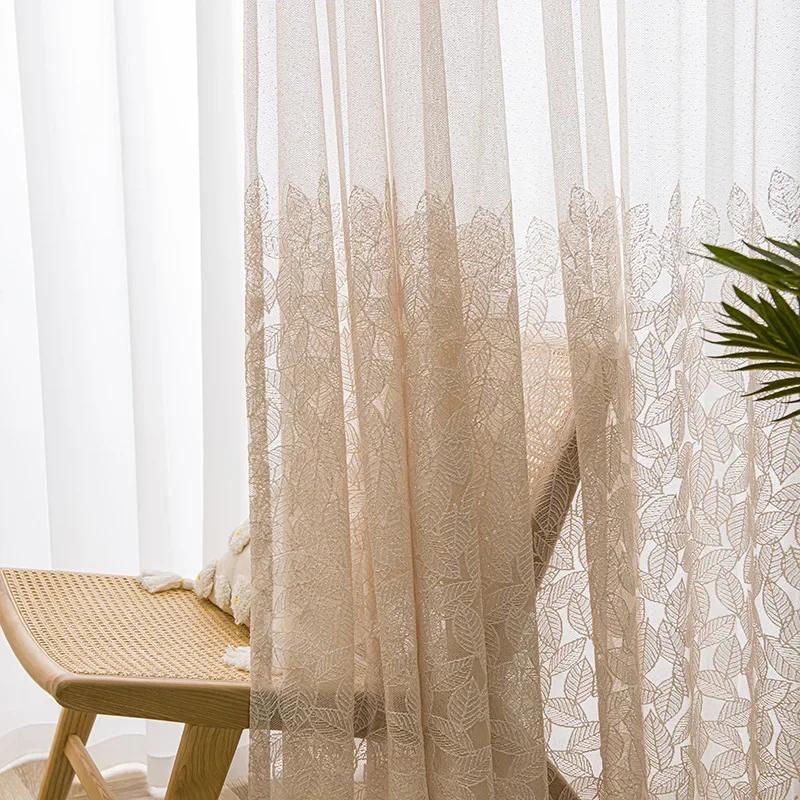 French Style Curtain Gauze Light Luxury Leaf Embroidery Flower Window Screen Curtains for Living Dining Room Bedroom