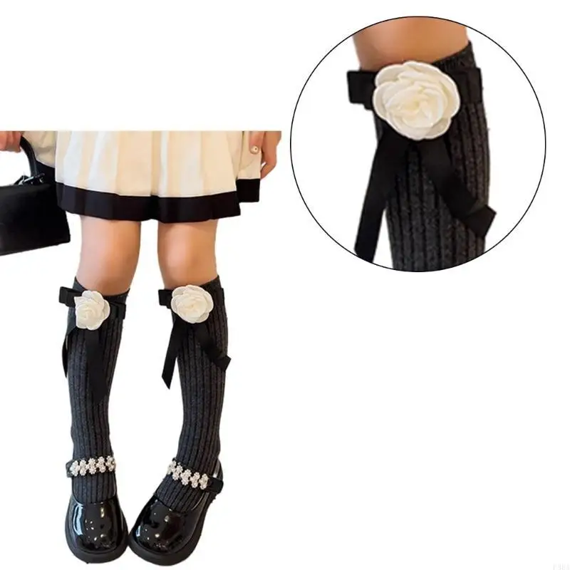P88A – chaussettes hautes pour enfants filles, japonais JK, mignon camélia avec nœud papillon, uniforme scolaire en coton,