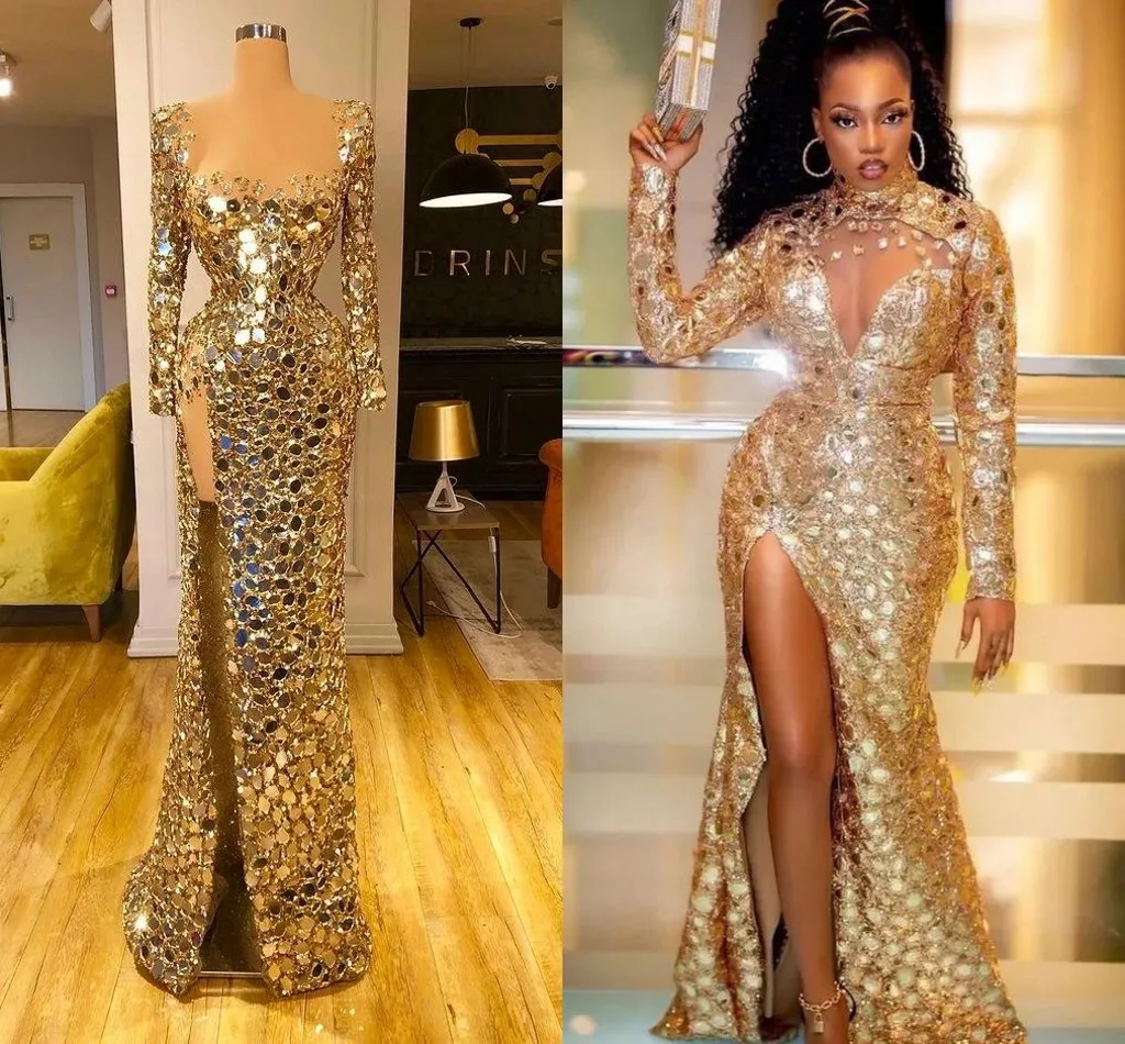 Gold Sexy Mermaid Evening Dresses long sleeve High Split mirror diamonds Plus Size Prom engagement Pageant gown Vestidos