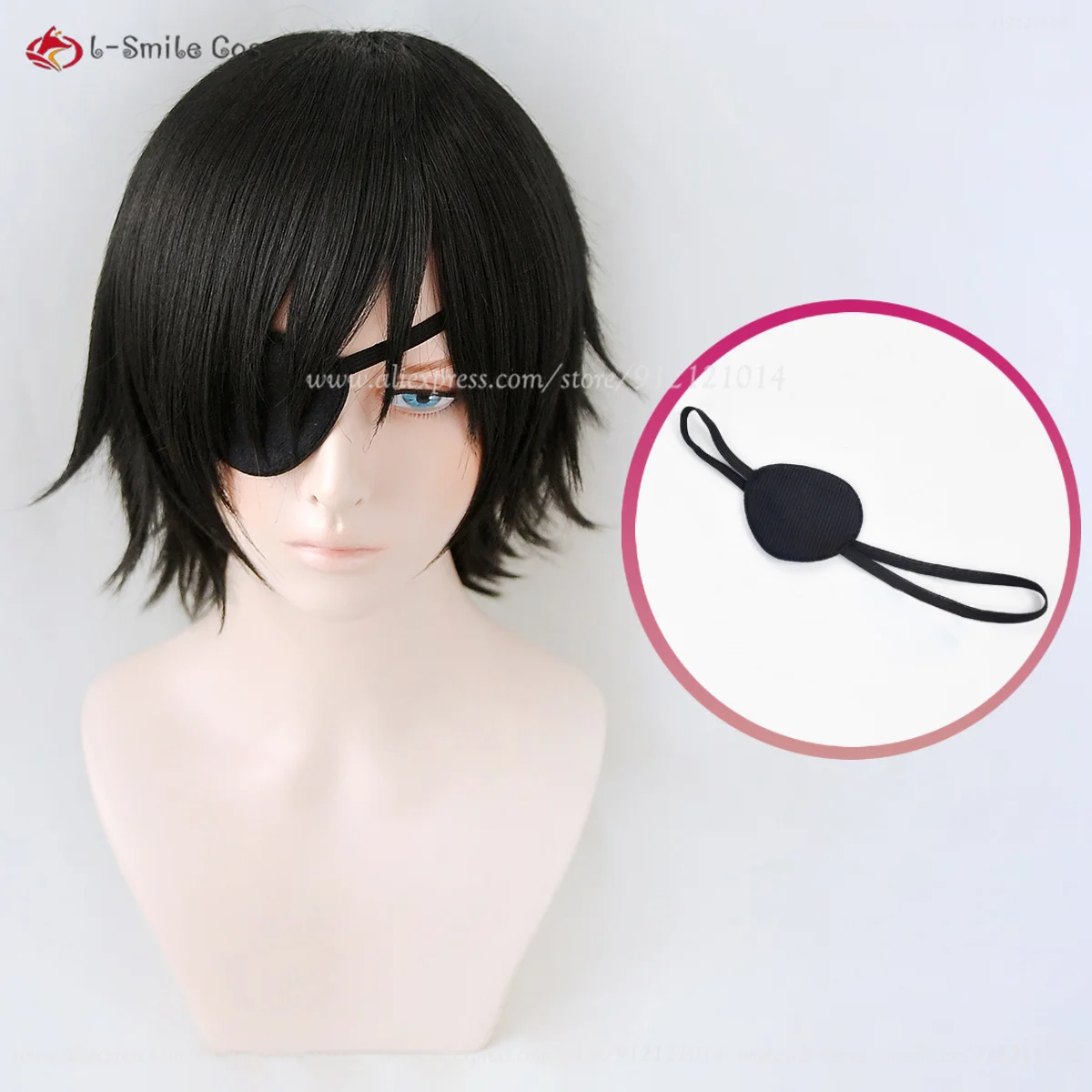 Himeno Wig Cosplay hitam pendek halus berlapis Wig Himeno dengan penutup mata tahan panas rambut sintetis Aksesori Halloween Cos