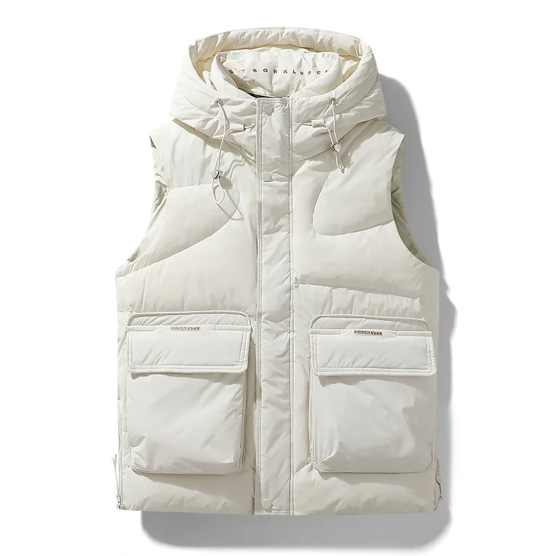 Outdoor tooling down vest, autumn and winter large pockets thickened warm hooded vest coat, 2024 youth sleeveless vest