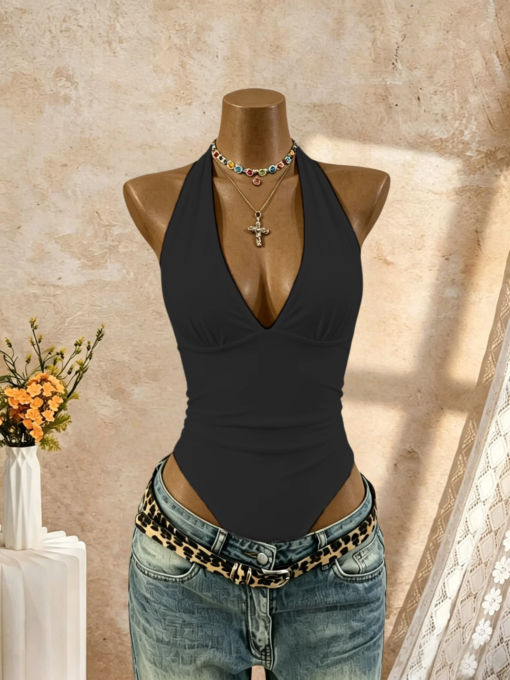 Damen Neckholder-Body mit tiefem V-Ausschnitt, gerafftem Design, schmaler Passform und hohem Beinausschnitt – Sommer 2026 Y2K Streetwear ärmelloses Tanktop – Detail 4