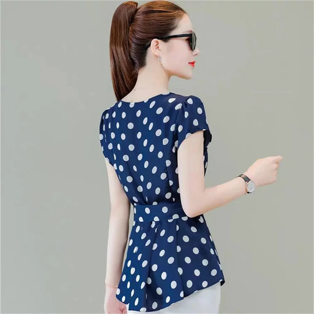 Women Spring Summer Style Blouses Shirt Lady Casual Short Sleeve O-Neck Solid Polka Dot Women\'s Casual Tops