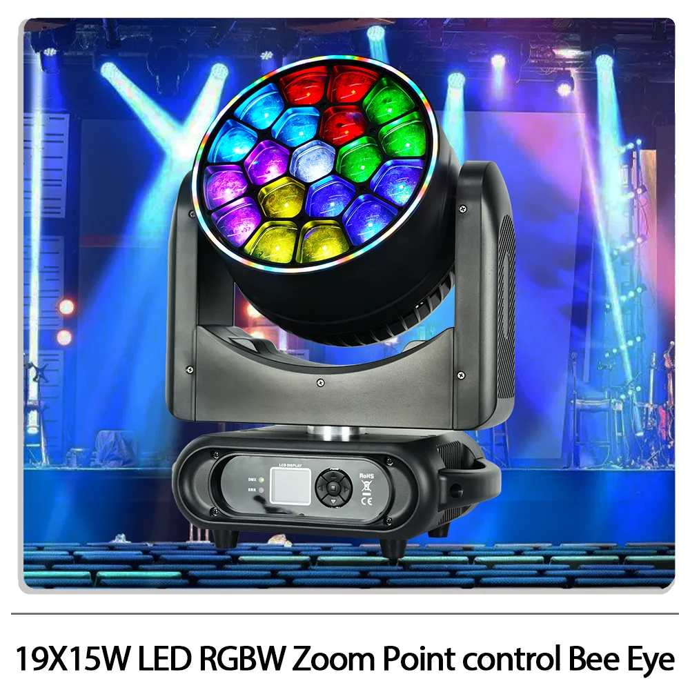 

19X15W LED RGBW Bee Eye Point control Zoom Moving head light with ring CTO wash effect DMX512 for DJ Disco Party bar nightclub