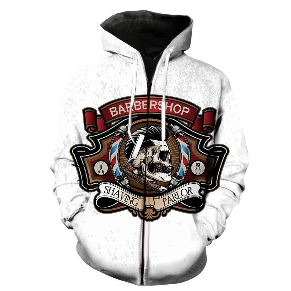 

Cartoon Skull Barber Men's Zipper Hoodie Long Sleeve Spring With Hood Jackets Casual Teens Tops Harajuku Funny 3D Printed Cool