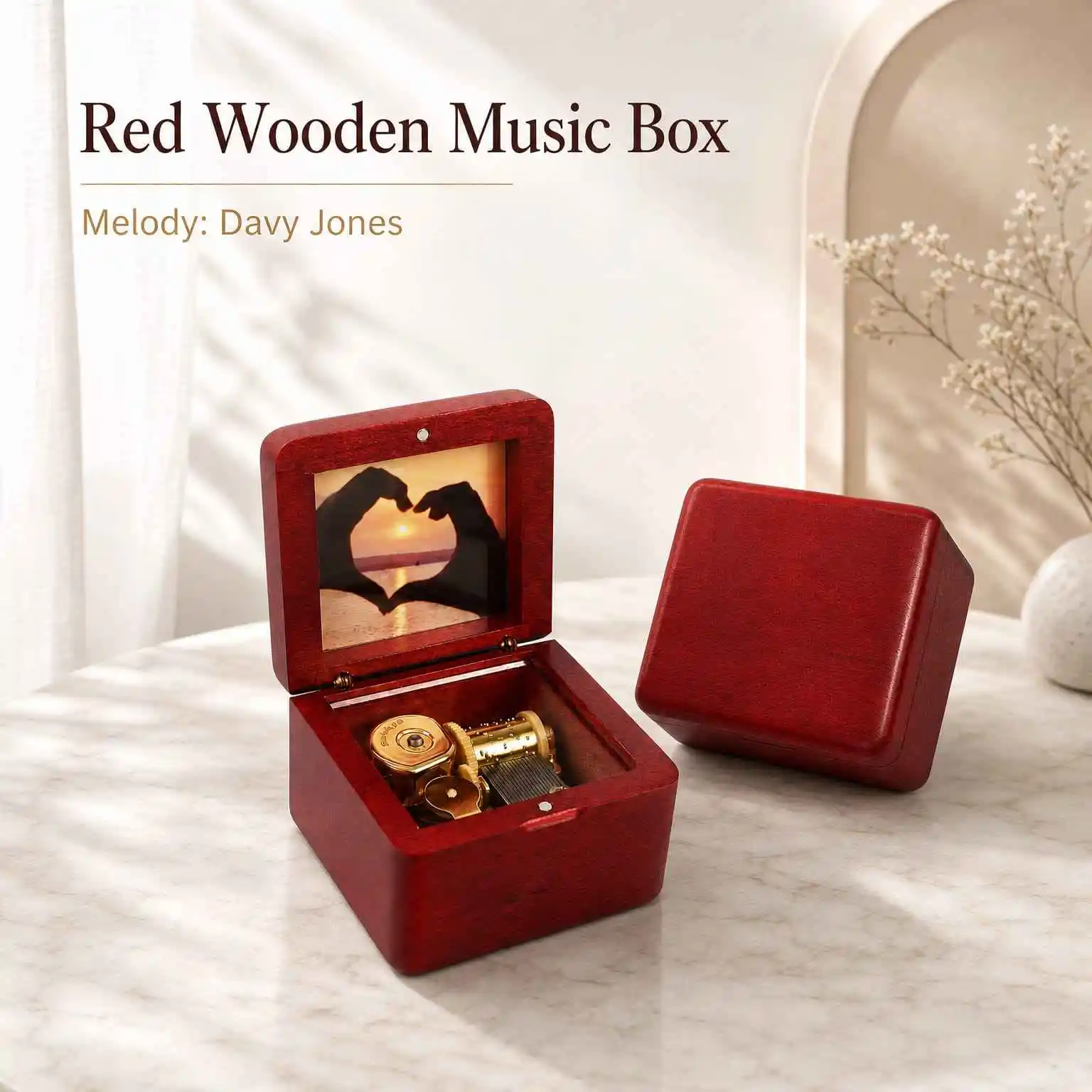 Rosiking Wooden Wine Red Photo Frame Clockwork Music Box Davy Jones Souvenir Girl and Children Birthday Gift
