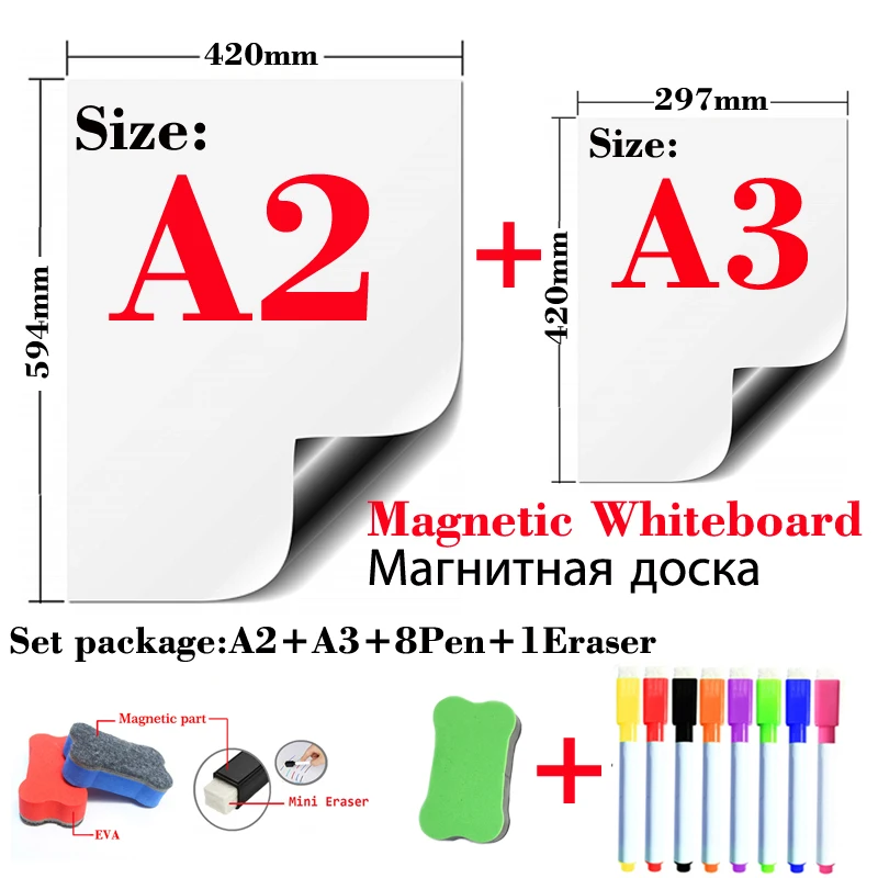 Magnetic Whiteboard Pacote, Frigorífico adesivos, Kids Drawing Board, Mensagem, Dry Apagar, White Board, Bulletin Board, A2, A3