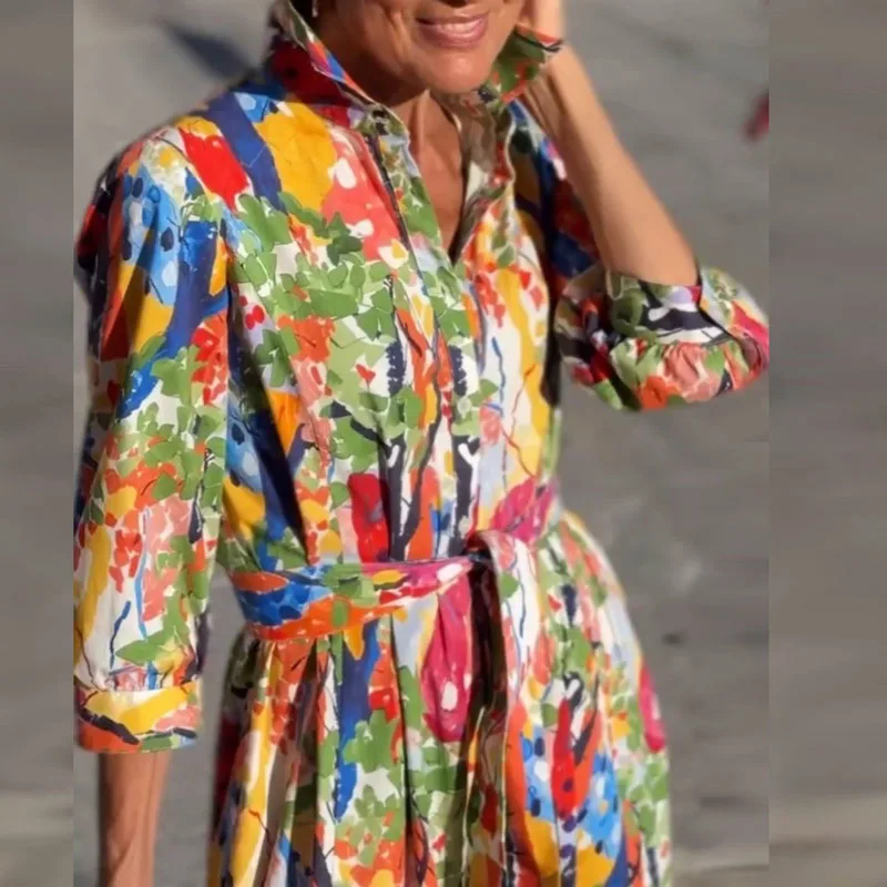 Zomer losse shirtjurk met lange mouwen Vrouw Casual turn-down kraag Print Kantoorjurken Elegante losse geplooide gewaadjurk met veters