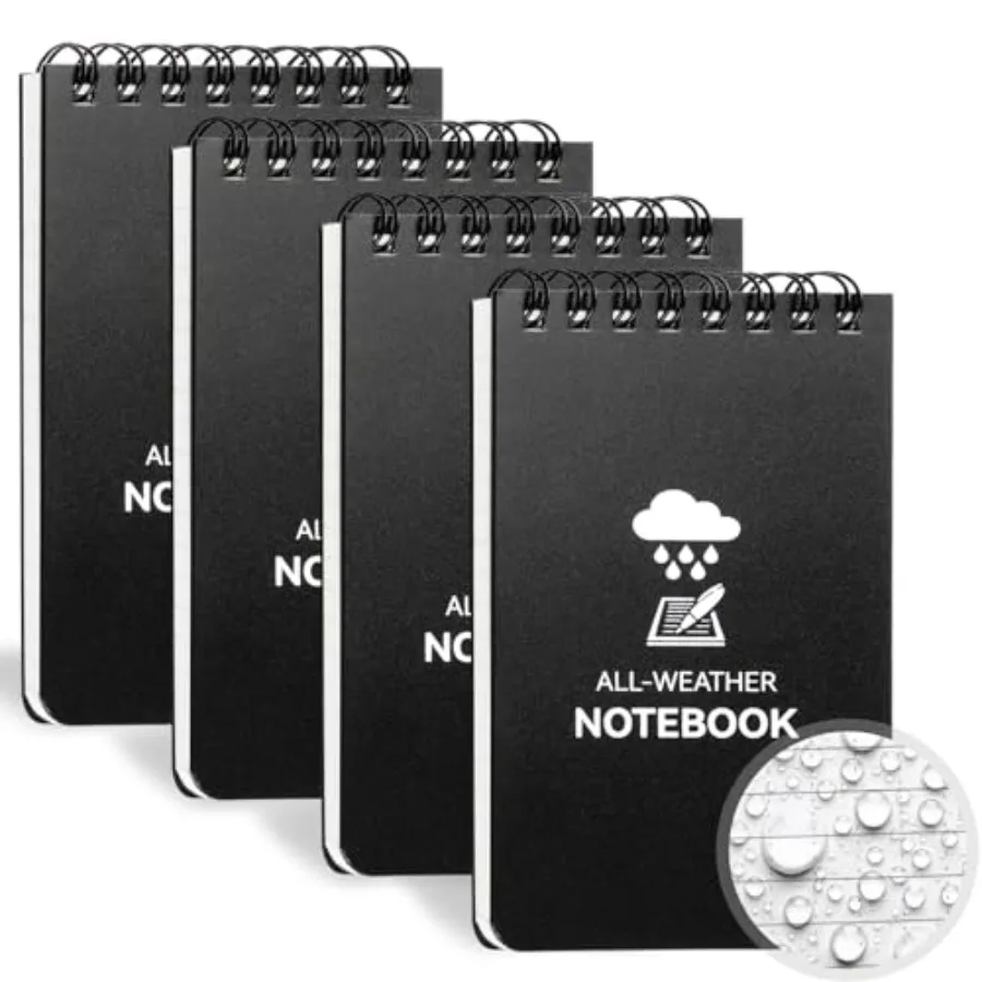 

Waterproof Notebook, 4 Pack Top-Spiral Pocket Notepad, 3" x 5" Weatherproof NotePad, All Weather Police Pocket Notebook Little