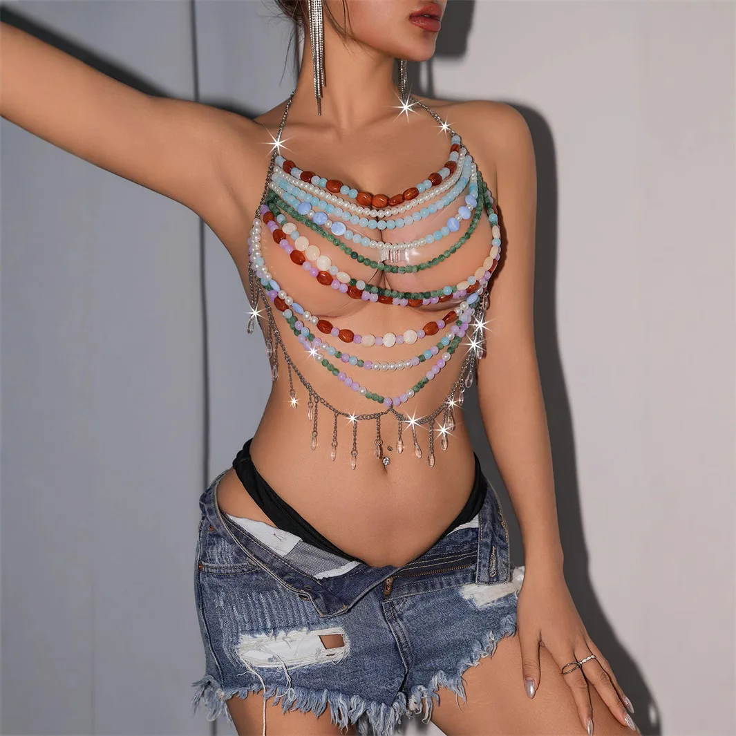 Summer Party Bikini Crop Tops Jewelry Multicolor Stone Beaded Bra Chain Metal Halter Necklace Crystal Tassel Sexy Body Chain