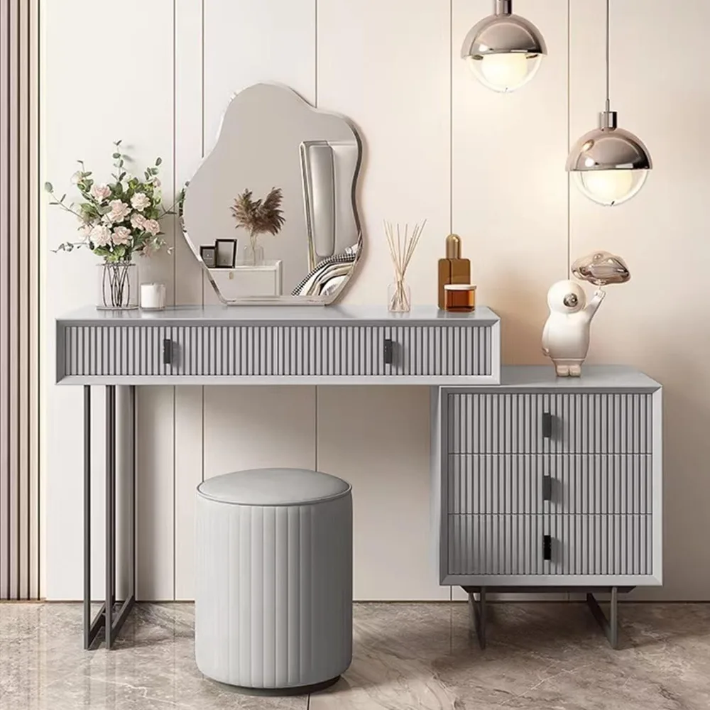 

Gray Makeup Vanity Desk Set with Drawers, Modern Makeup Dressing Table Bedroom Vanity Sets Storage Dresser Furniture