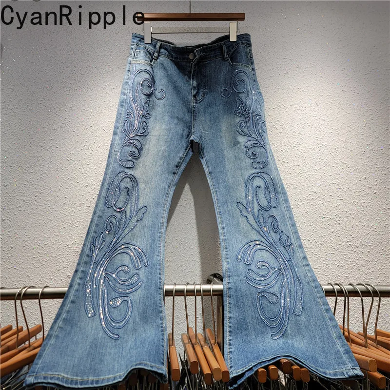 Personality Shiny Diamonds Embroidery Stretch Flare Jeans Fashionable New Spring Autumn Floor-length Casual Straight Denim Pants